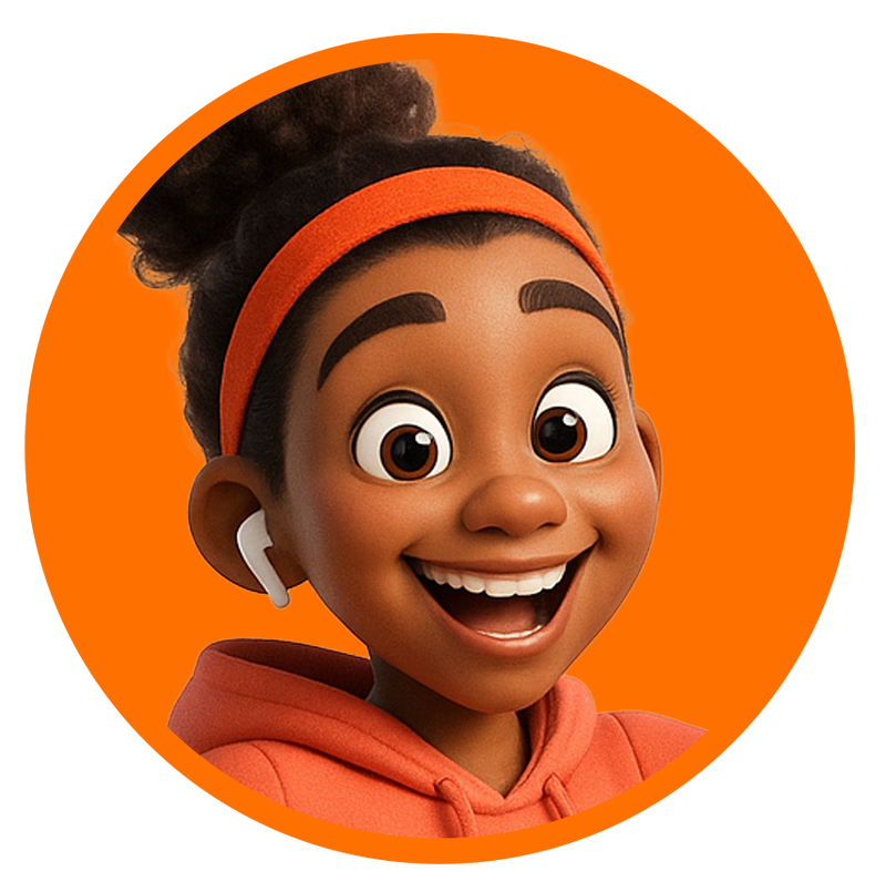Illustratie van &ldquo;Energy,&rdquo; een vrolijke coach met donkere krullen in een staart, gekleed in een oranje cropped hoodie, teal legging en oranje-teal sneakers, springend met een grote glimlach en gebalde vuist tegen een oranje achtergrond.