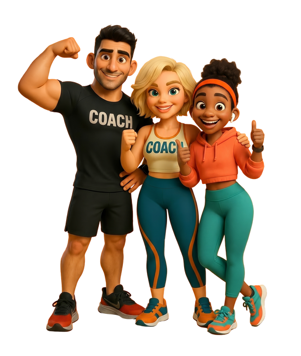 Twee smartphones tonen de Basic-Fit app. Links een scherm met een weekoverzicht en een oranje banner met de vijf FitBuddies en de tekst &ldquo;Ontmoet je FitBuddies &ndash; Go For It!&rdquo;. Rechts een scherm met dezelfde vijf FitBuddies op een oranje achtergrond, daaronder de tekst die uitlegt dat de FitBuddies altijd klaarstaan om je dag te boosten, en een paarse knop met &ldquo;Let&rsquo;s Go!&rdquo;.