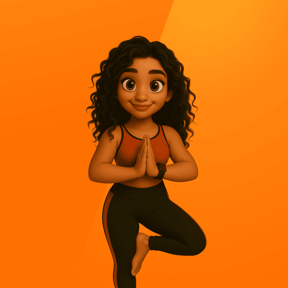 Illustratie van &ldquo;Vibe,&rdquo; een coach met lange donkere krullen, in een oranje top en zwarte legging, staand op blote voeten in de boomhouding (yoga), handen tegen elkaar, tegen een oranje achtergrond.