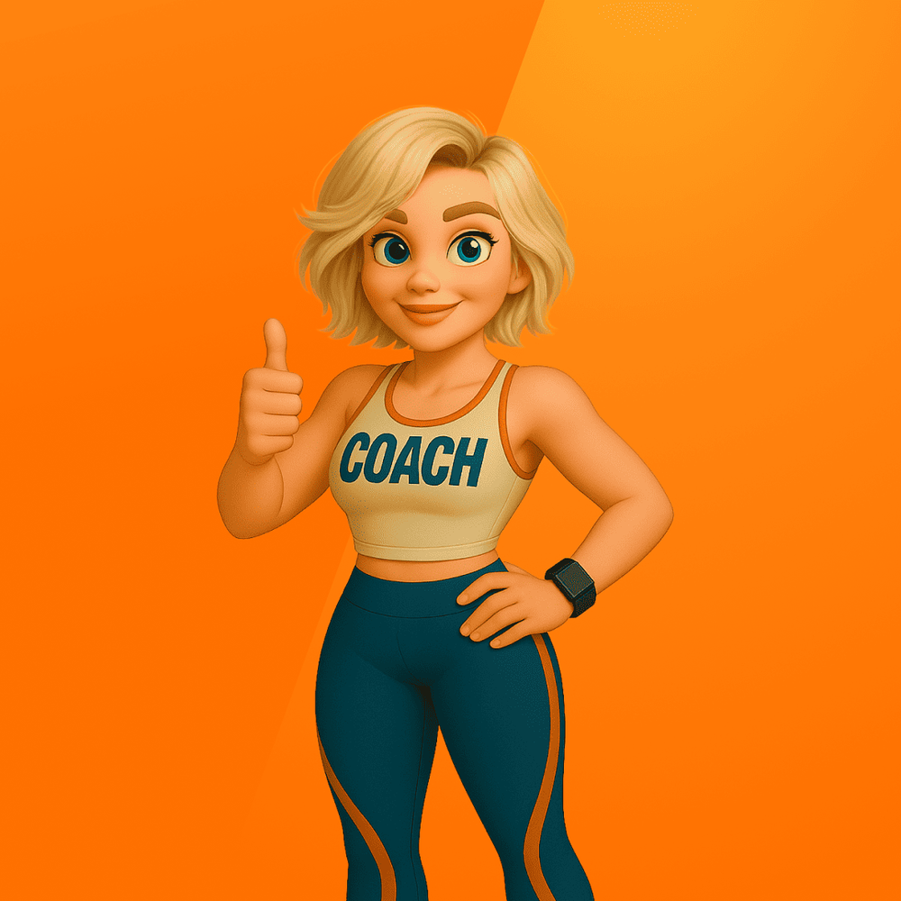 Illustratie van &ldquo;Glow,&rdquo; een rustige coach met kort blond haar, in een beige crop top met &ldquo;COACH&rdquo; erop, teal legging met oranje accenten en bijpassende sneakers, die een duim omhoog steekt tegen een oranje achtergrond.