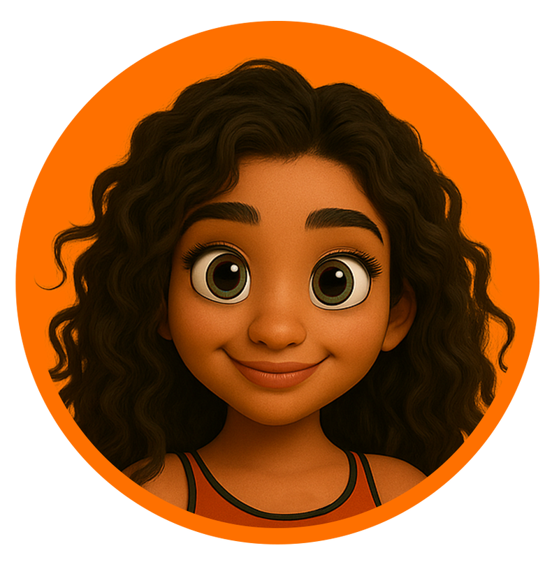 Illustratie van &ldquo;Vibe,&rdquo; een coach met lange donkere krullen, in een oranje top en zwarte legging, staand op blote voeten in de boomhouding (yoga), handen tegen elkaar, tegen een oranje achtergrond.