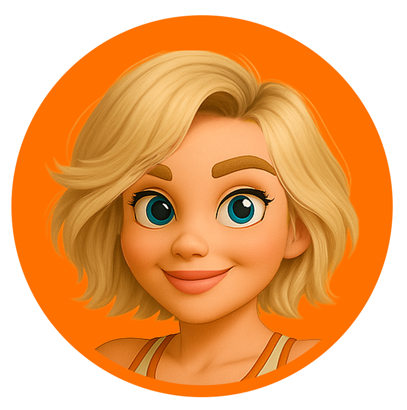 Illustratie van &ldquo;Glow,&rdquo; een rustige coach met kort blond haar, in een beige crop top met &ldquo;COACH&rdquo; erop, teal legging met oranje accenten en bijpassende sneakers, die een duim omhoog steekt tegen een oranje achtergrond.