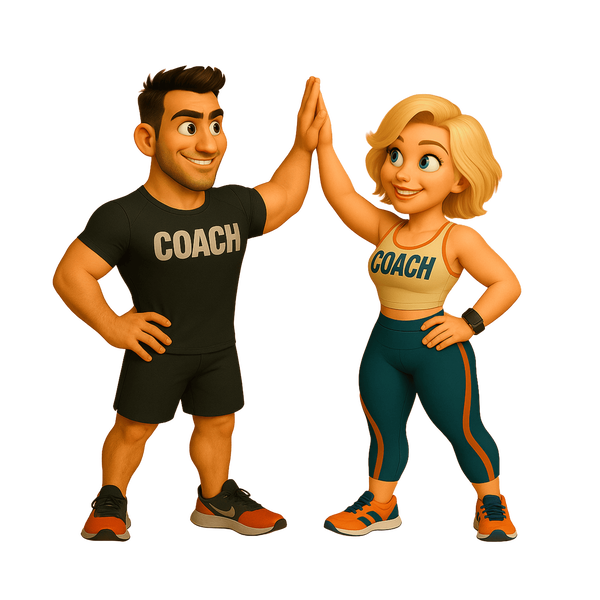 Illustratie van de FitBuddies &ldquo;Power&rdquo; en &ldquo;Glow&rdquo; die elkaar een high-five geven. Power draagt een zwart T-shirt met &ldquo;COACH&rdquo; erop, een zwarte short en zwart-rode sneakers. Glow draagt een beige crop top met &ldquo;COACH&rdquo; erop, een teal legging met oranje accenten en bijpassende sneakers. Beide kijken elkaar lachend aan.