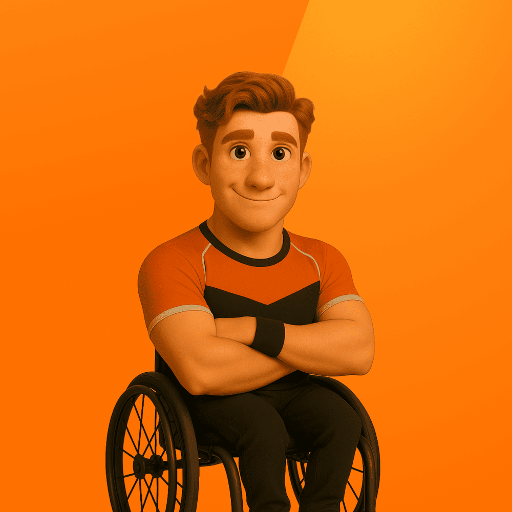 Illustratie van &ldquo;Strive,&rdquo; een vastberaden coach met kort rood haar, in een oranje-zwart sportshirt, zwarte broek en rood-zwarte sneakers, zittend in een sportrolstoel met armen over elkaar tegen een oranje achtergrond.