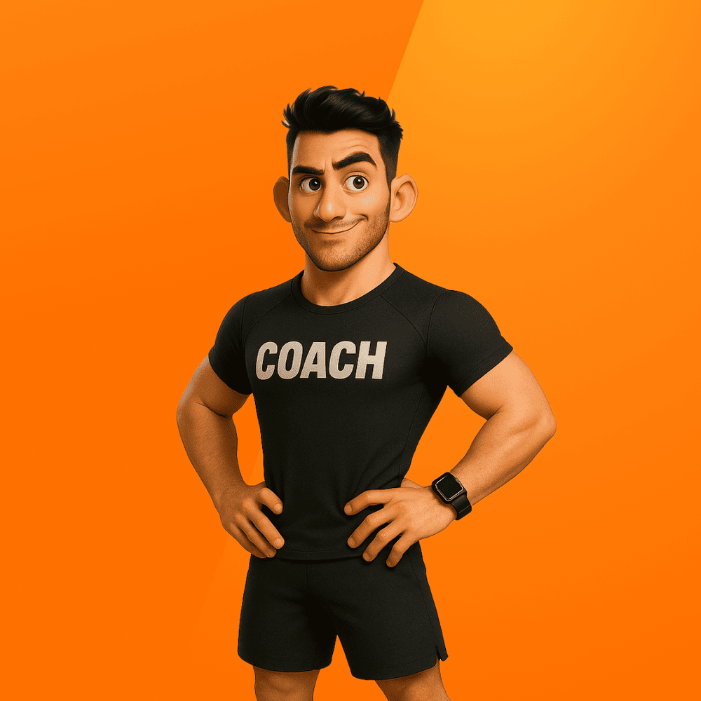 Illustratie van &ldquo;Power,&rdquo; een gespierde coach met kort donker haar, in een zwart &ldquo;COACH&rdquo; T-shirt, zwarte short en zwart-rode sneakers, staand met handen in de zij tegen een oranje achtergrond.
