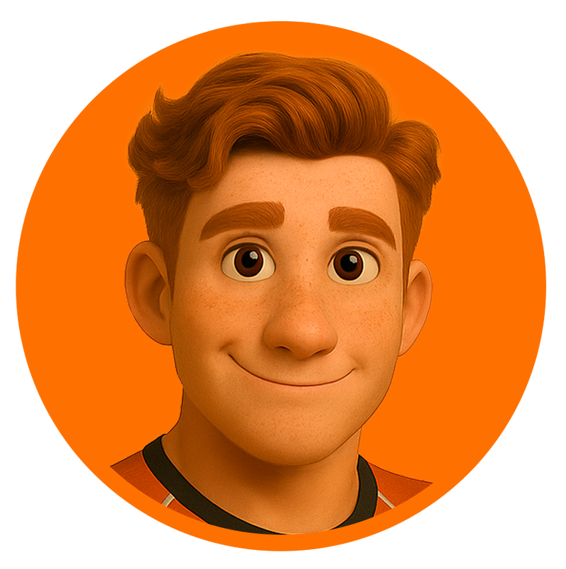 Illustratie van &ldquo;Strive,&rdquo; een vastberaden coach met kort rood haar, in een oranje-zwart sportshirt, zwarte broek en rood-zwarte sneakers, zittend in een sportrolstoel met armen over elkaar tegen een oranje achtergrond.