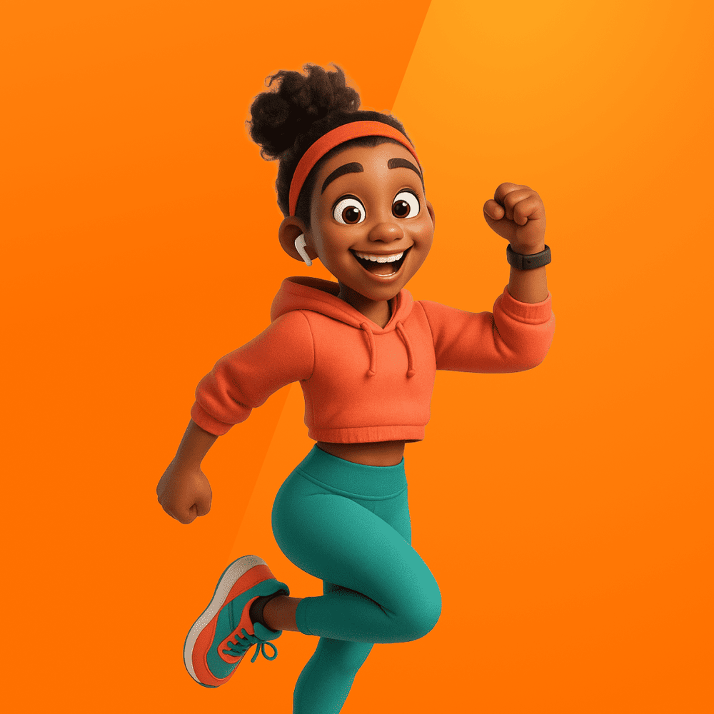 Illustratie van &ldquo;Energy,&rdquo; een vrolijke coach met donkere krullen in een staart, gekleed in een oranje cropped hoodie, teal legging en oranje-teal sneakers, springend met een grote glimlach en gebalde vuist tegen een oranje achtergrond.
