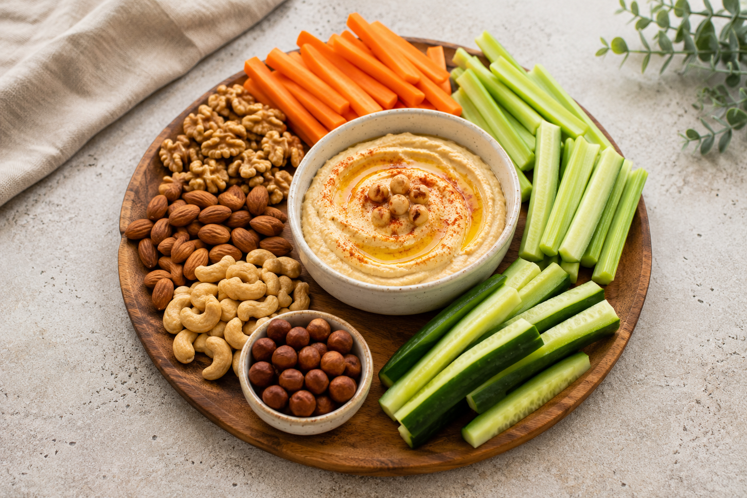 Hummus mit Karotten, Gurke und Nüssen
