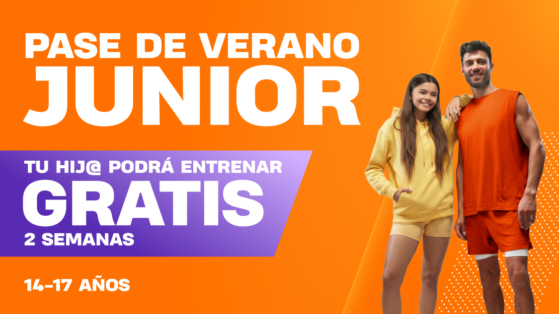 Fondo naranja con el texto «Pase de Verano Junior». A la derecha, una adolescente y un joven con ropa deportiva. La promoción indica que los jóvenes de 14 a 17 años pueden entrenar gratis durante dos semanas.